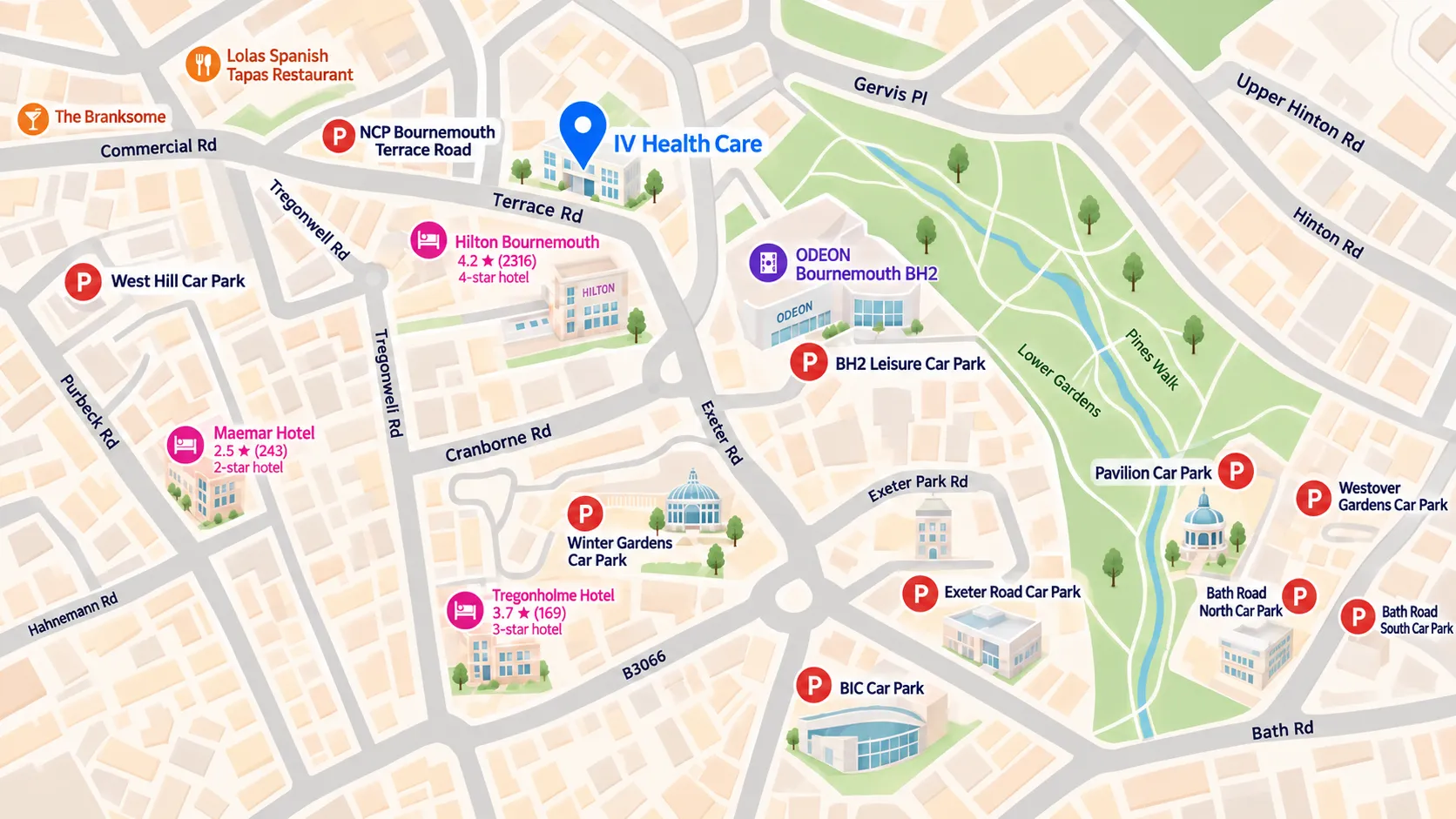 Map showing IV Health Care and nearby car parks