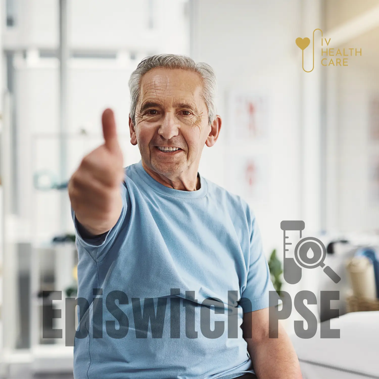 Smiling older man giving a thumbs up, with the words EpiSwitch PSE and a blood test symbol